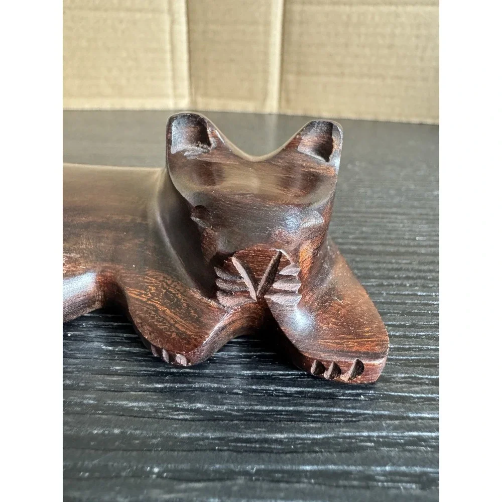 Sleeping Cat Figurine Ironwood Carved Wood Dark Brown 4.25